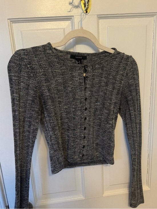 Forever 21 Tops - Black & White Marled Ribbed Button Crop Cardigan